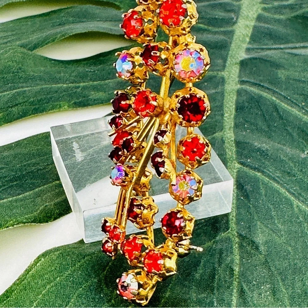 Vintage Austria 60s Rhinestone Brooch Pin AB Ice Red Pink Gold Tone Wire Leaf